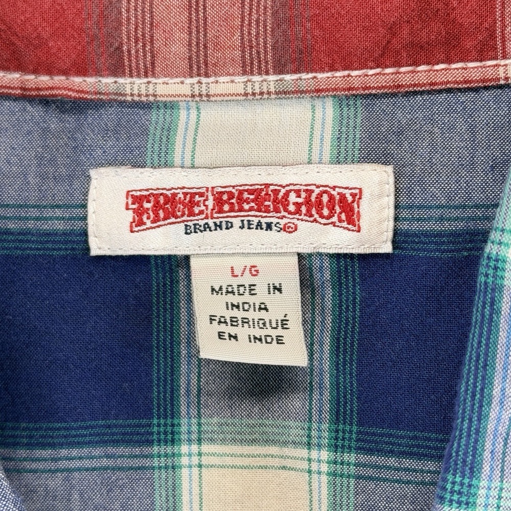 True Religion Western Pearl Snap Shirt Mens Large Blue White Plaid Long Sleeve - Picture 11 of 15